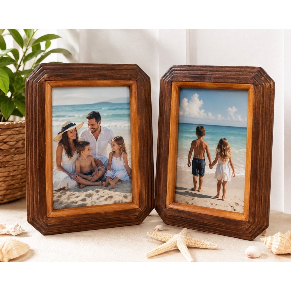 Vintage Wood Picture Frames Set of 2 Geometric Lines 5x7 Photo 9x7 Rustic